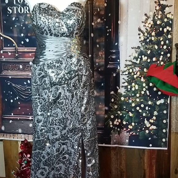 Silver Sequin gown with Satin Cinched Waist and Cr - Picture 2 of 11